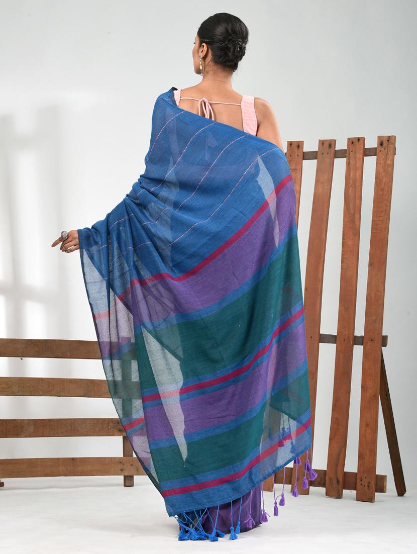 women blue handloom saree with blouse - 21839794 - Standard Image - 3