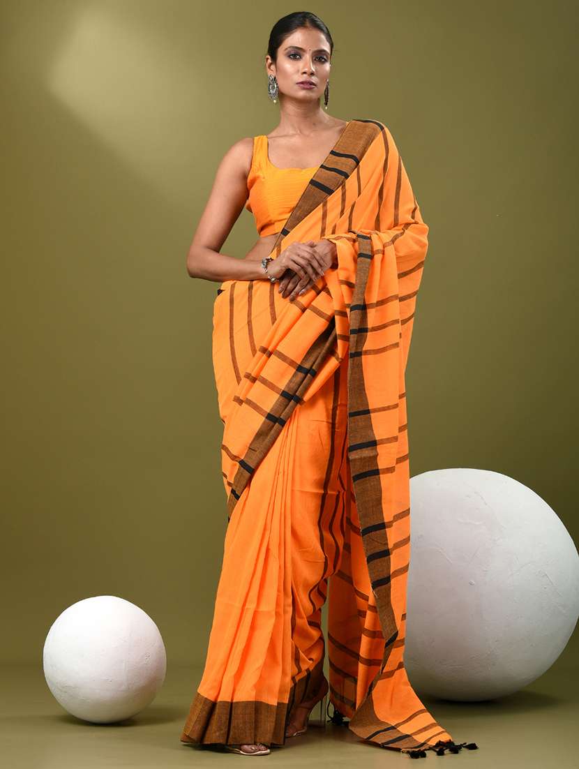 women orange handloom saree with blouse