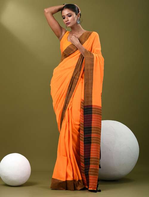 women orange handloom saree with blouse - 21839810 -  Standard Image - 0