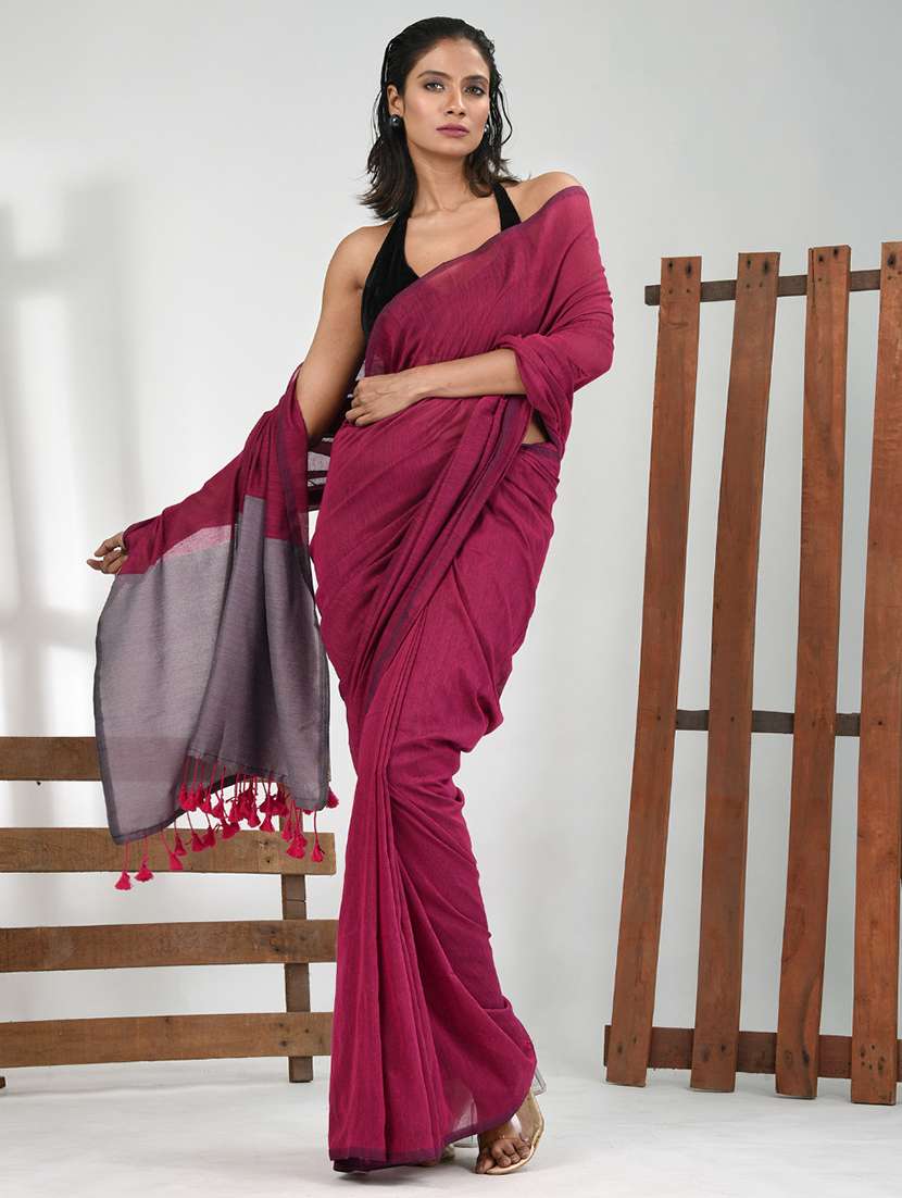 women solid handloom saree with blouse
