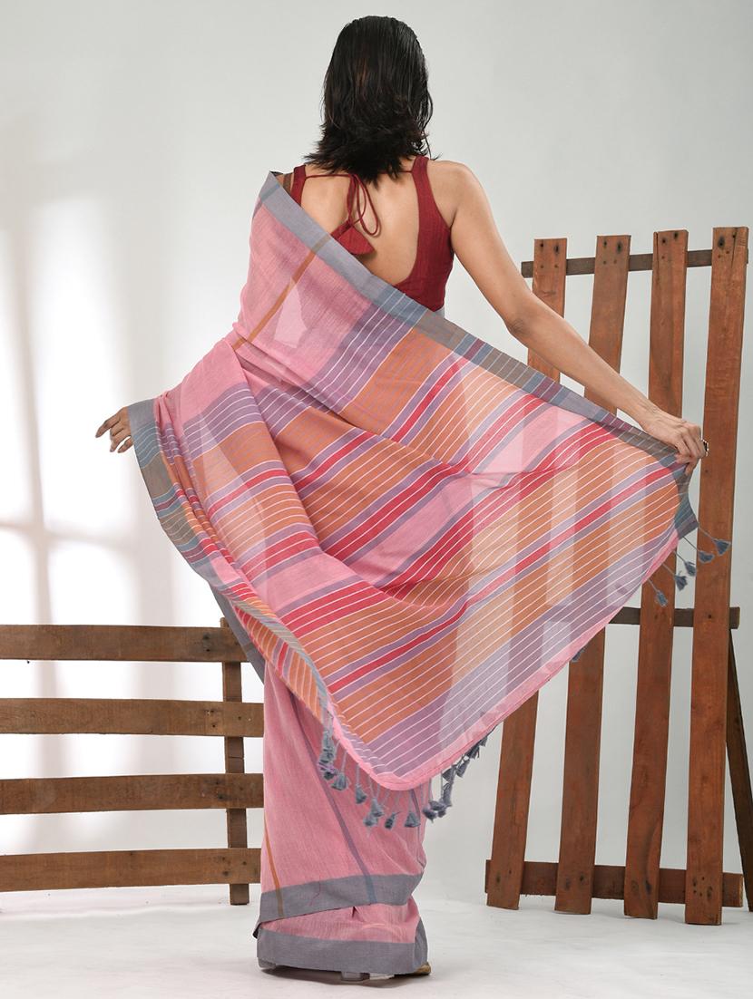 women striped handloom saree with blouse - 21839845 - Standard Image - 3