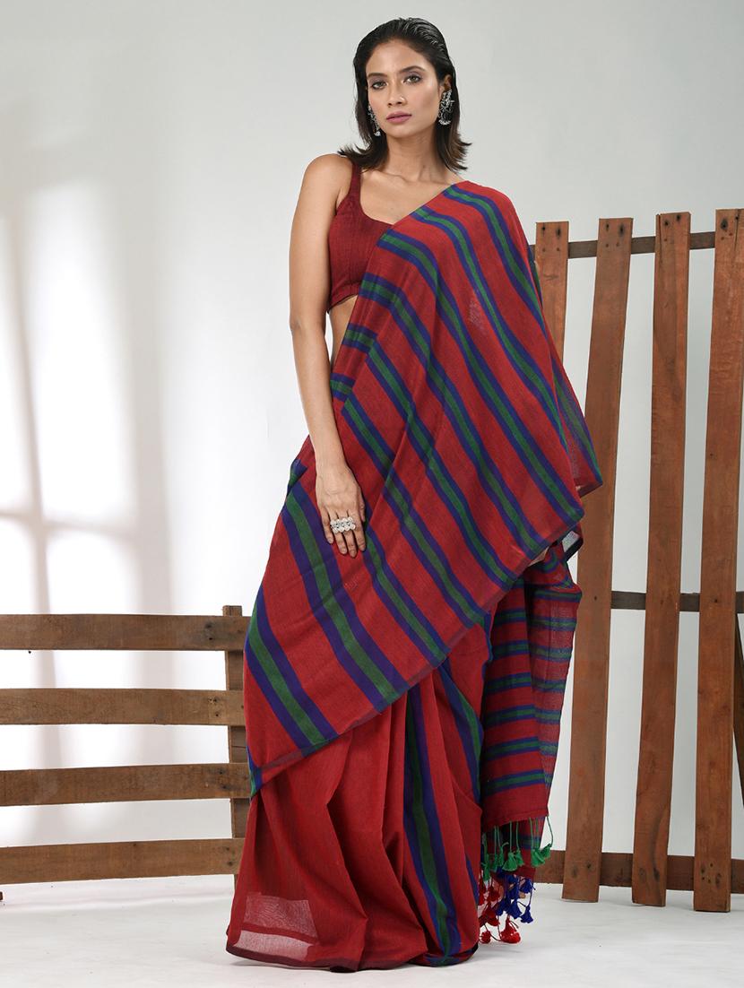 women striped handloom saree with blouse - 21839864 -  Zoom Image - 0