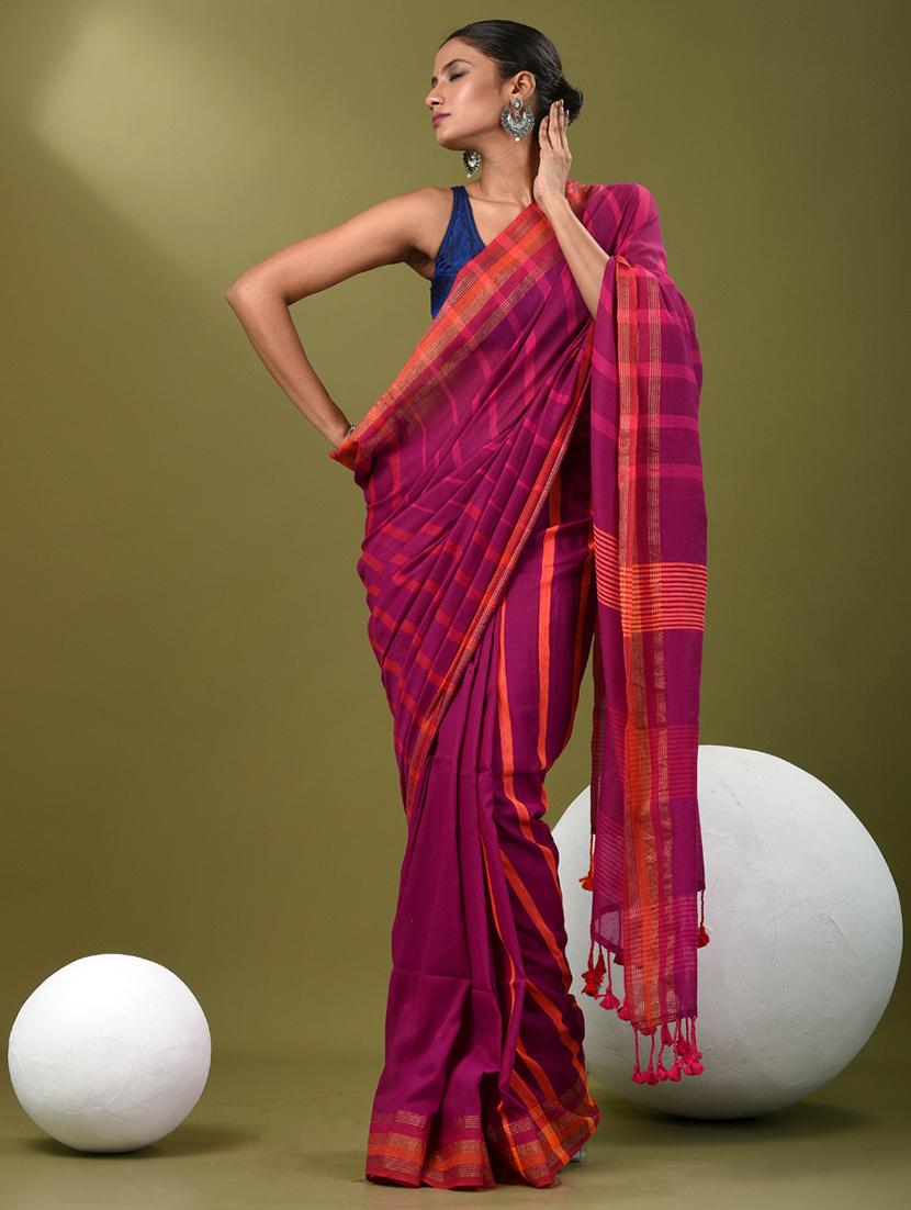 women striped handloom saree with blouse - 21839874 -  Zoom Image - 0