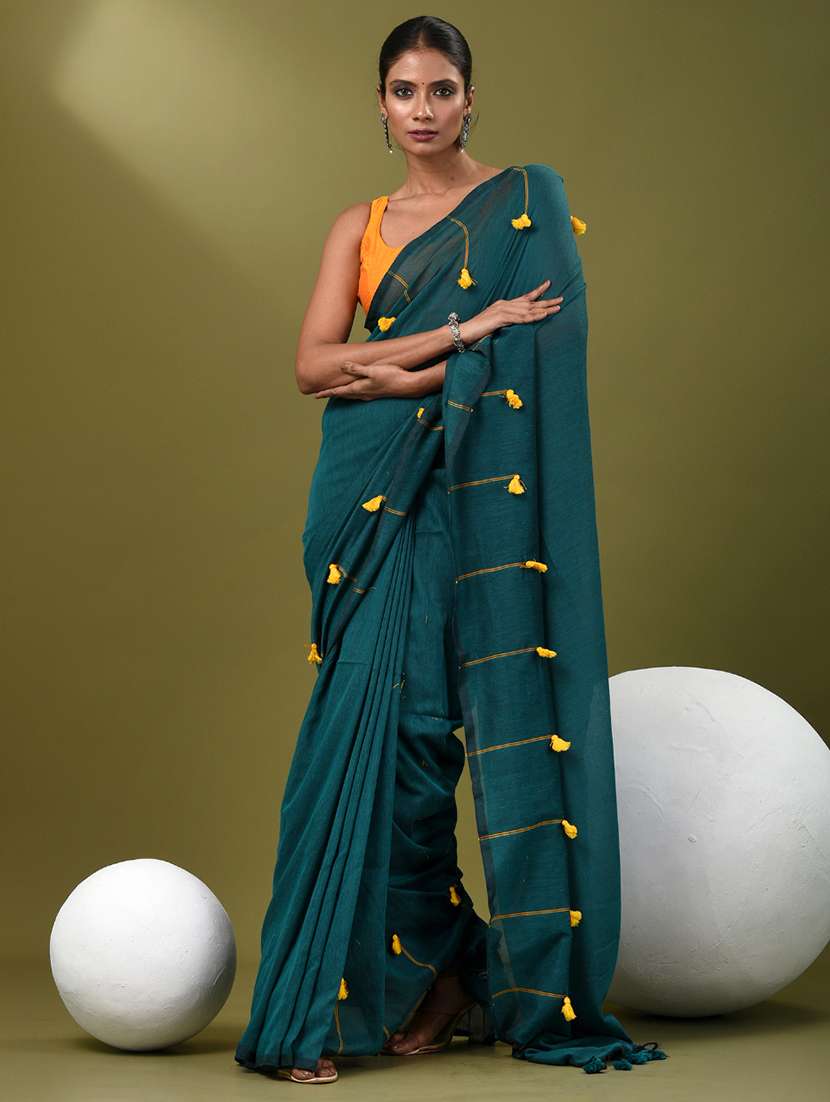 women teal handloom saree with blouse