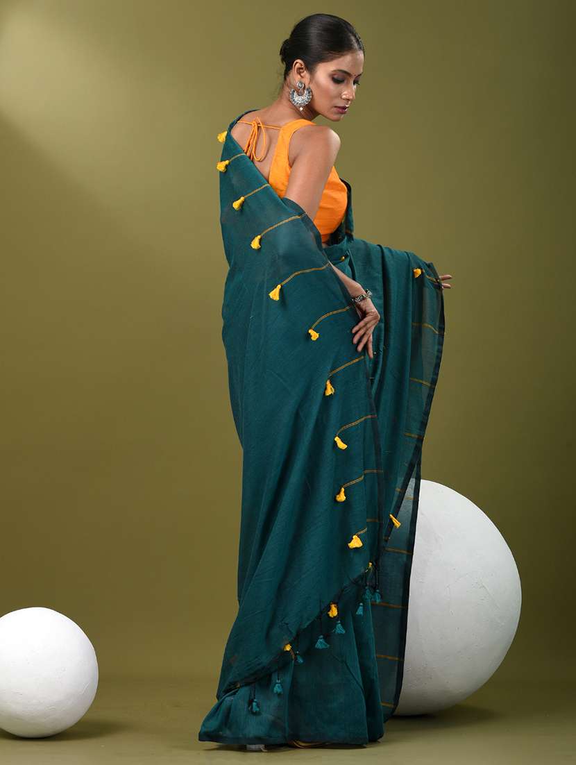 women teal handloom saree with blouse - 21839880 -  Standard Image - 3
