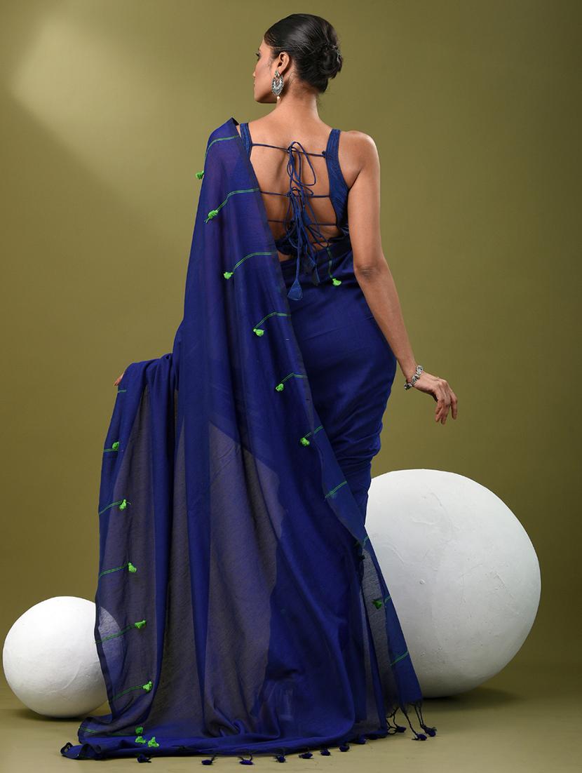 women blue handloom saree with blouse - 21839882 - Standard Image - 3