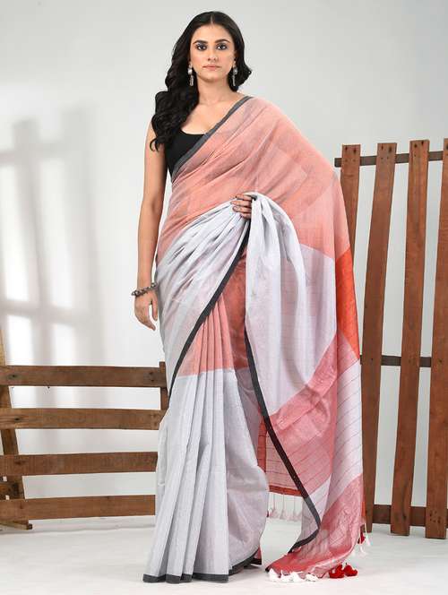 women peach handloom saree with blouse - 21839886 -  Standard Image - 0