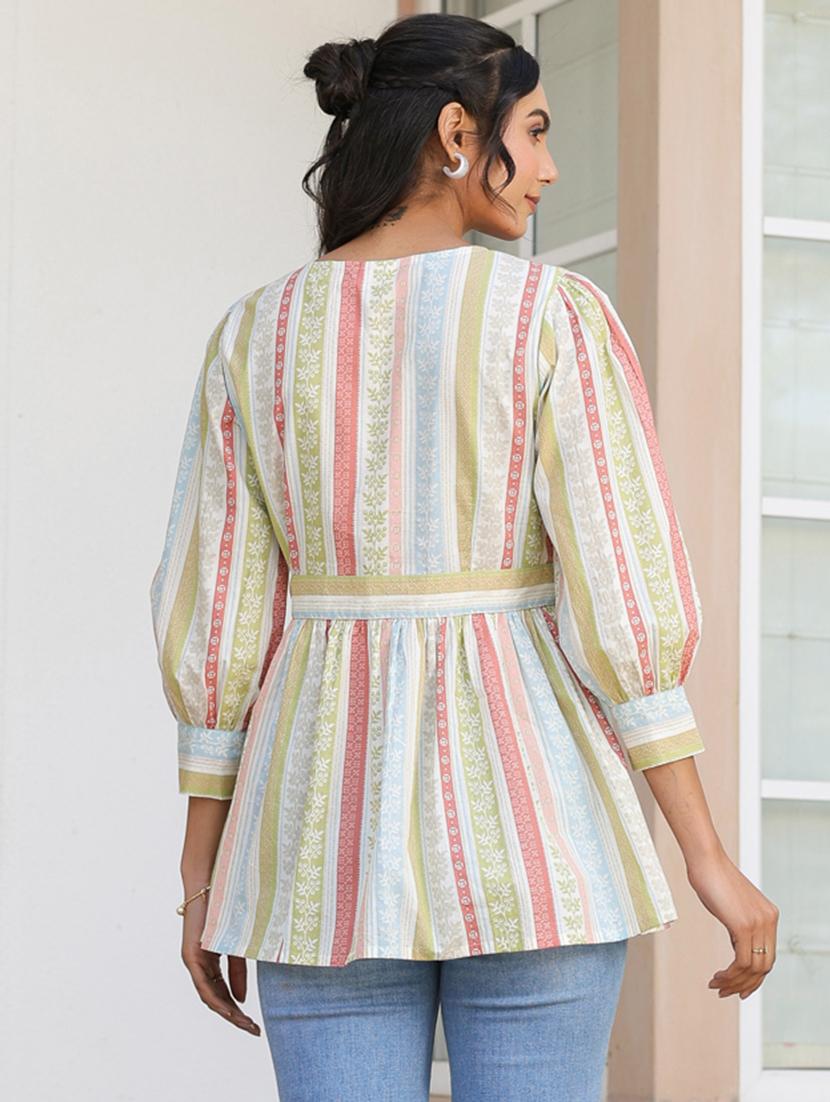 women printed puff sleeves peplum top - 21840070 - Standard Image - 3