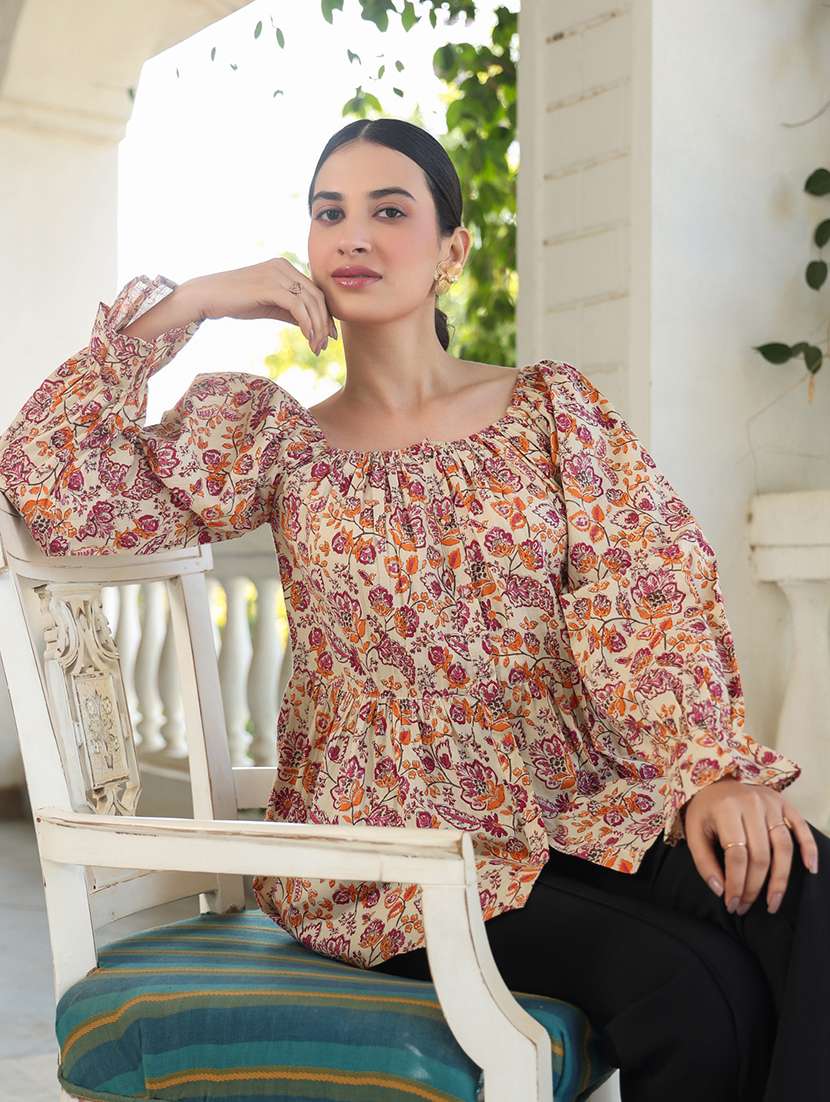 women printed puff sleeves peplum top - 21840079 -  Standard Image - 5