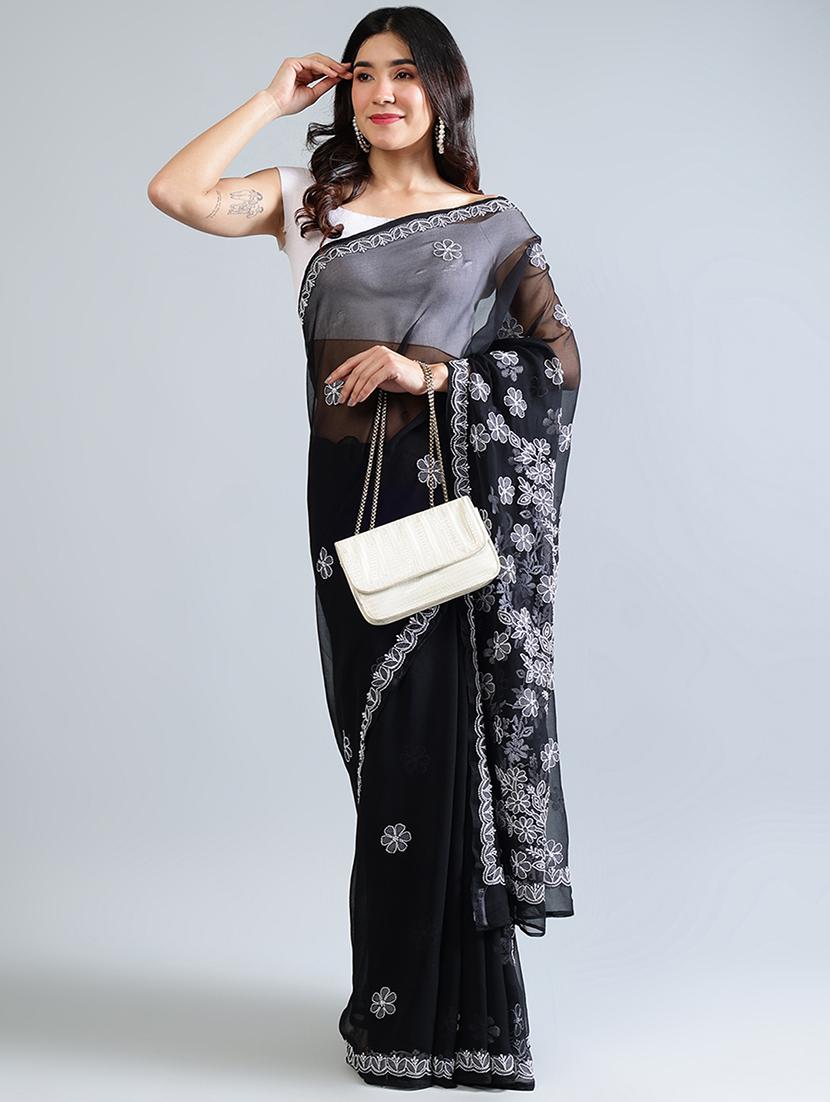 women black chikankari work saree with blouse - 21840091 - Zoom Image - 0