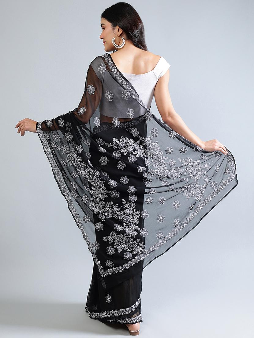 women black chikankari work saree with blouse - 21840091 - Standard Image - 3
