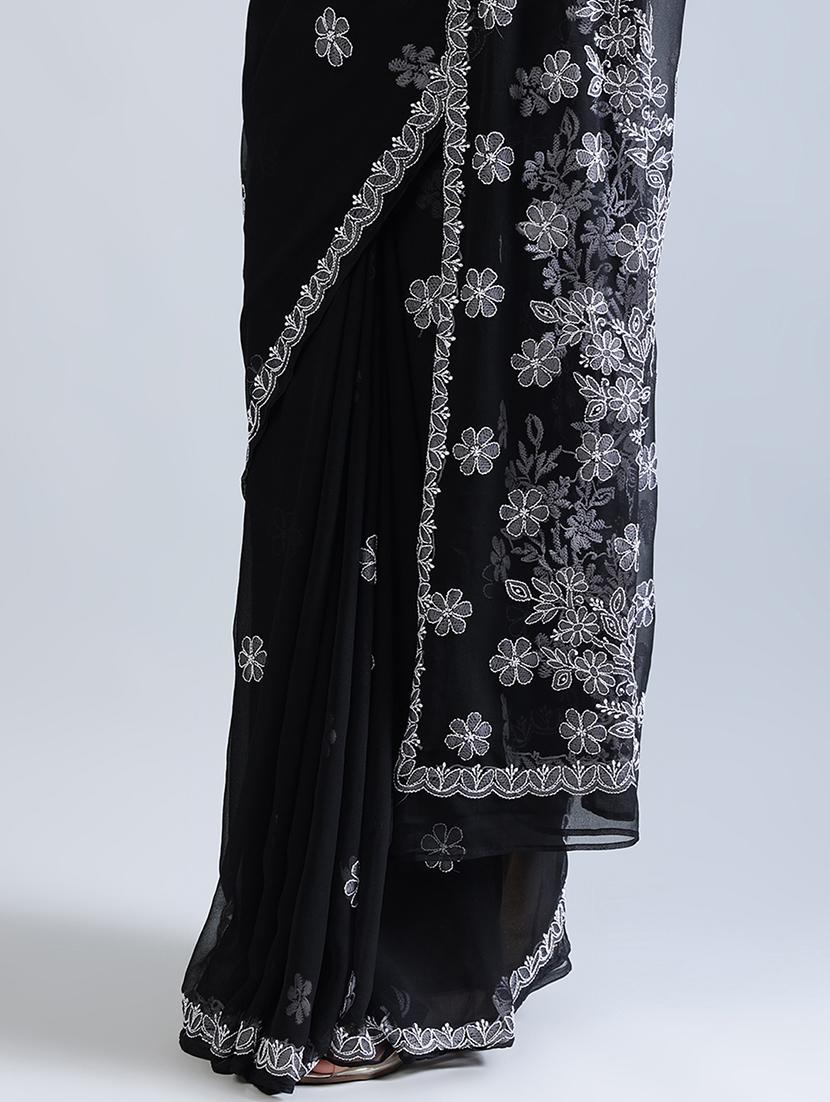 women black chikankari work saree with blouse - 21840091 - Standard Image - 5
