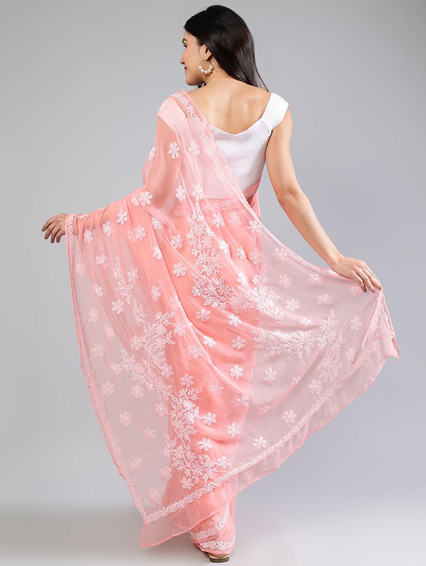 women peach chikankari work saree with blouse - 21840094 - Standard Image - 3