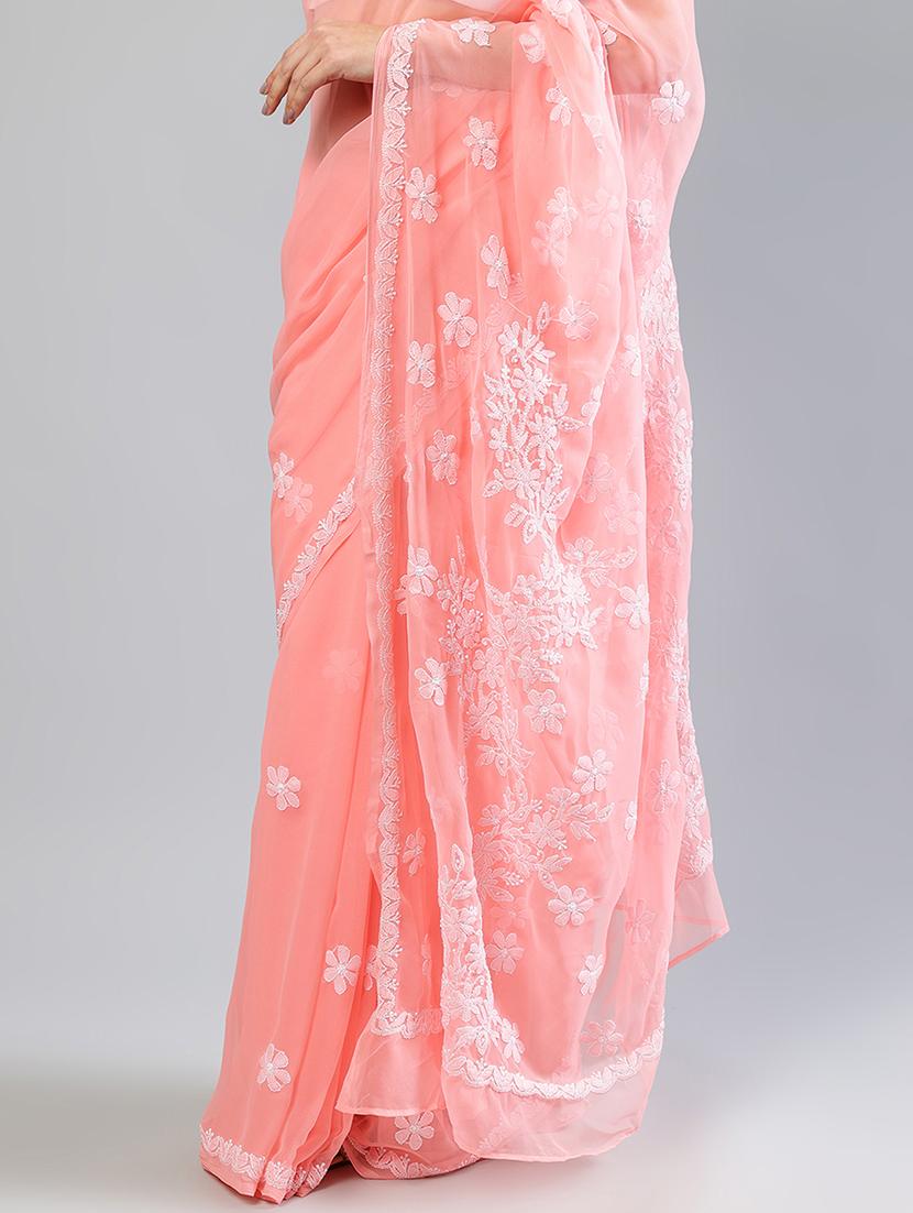 women peach chikankari work saree with blouse - 21840094 - Standard Image - 5