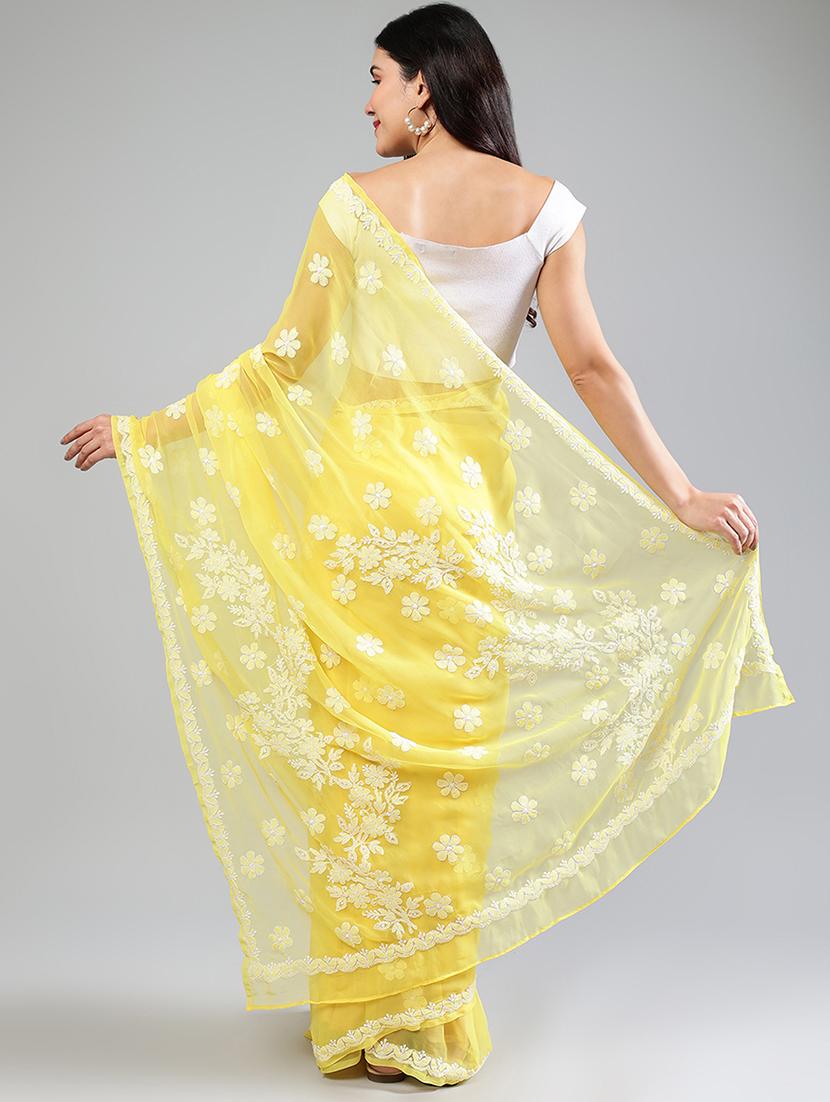 women yellow chikankari work saree with blouse - 21840095 - Standard Image - 3