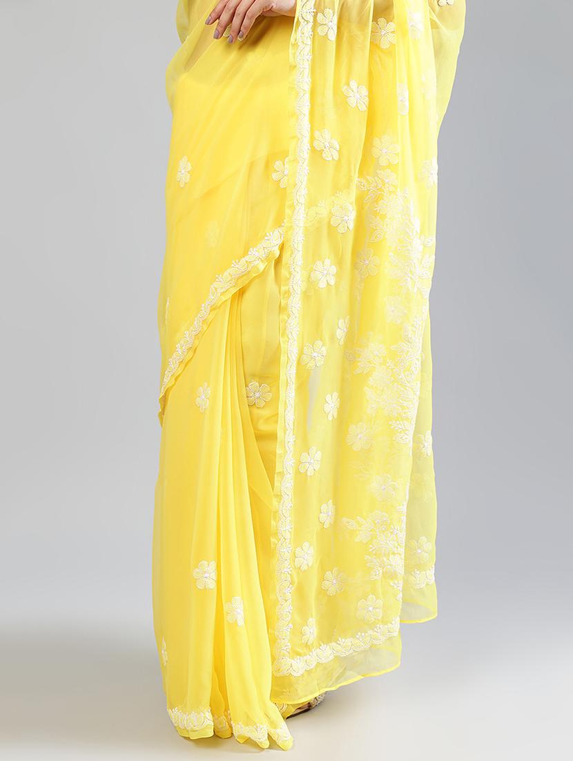 women yellow chikankari work saree with blouse - 21840095 - Standard Image - 5