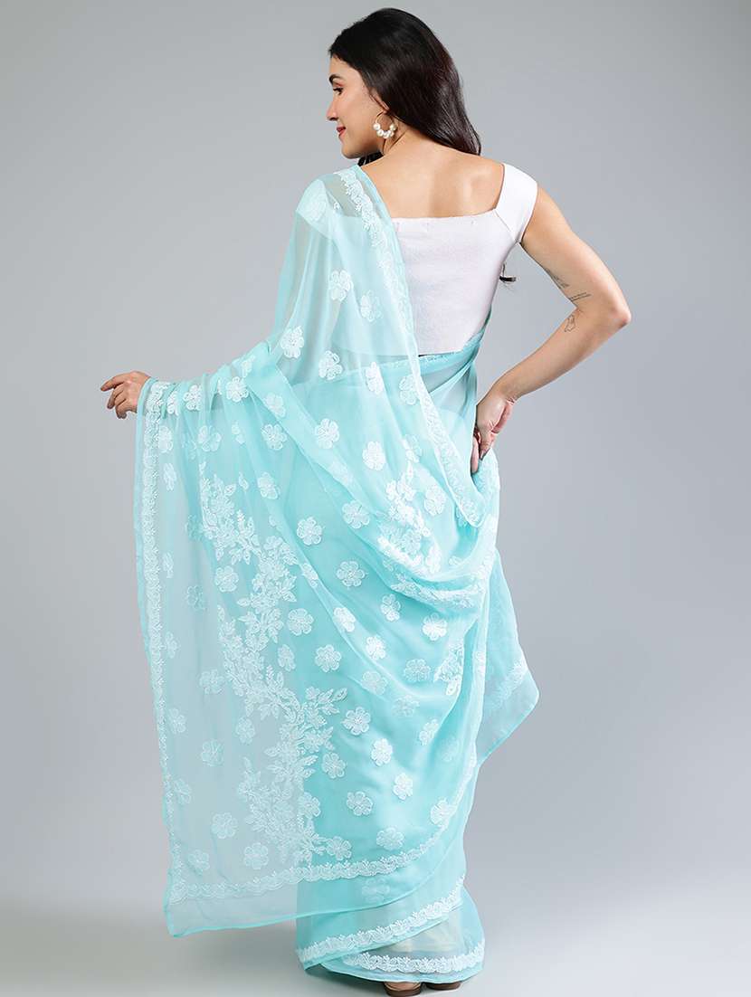 women light blue chikankari work saree with blouse - 21840097 - Standard Image - 3
