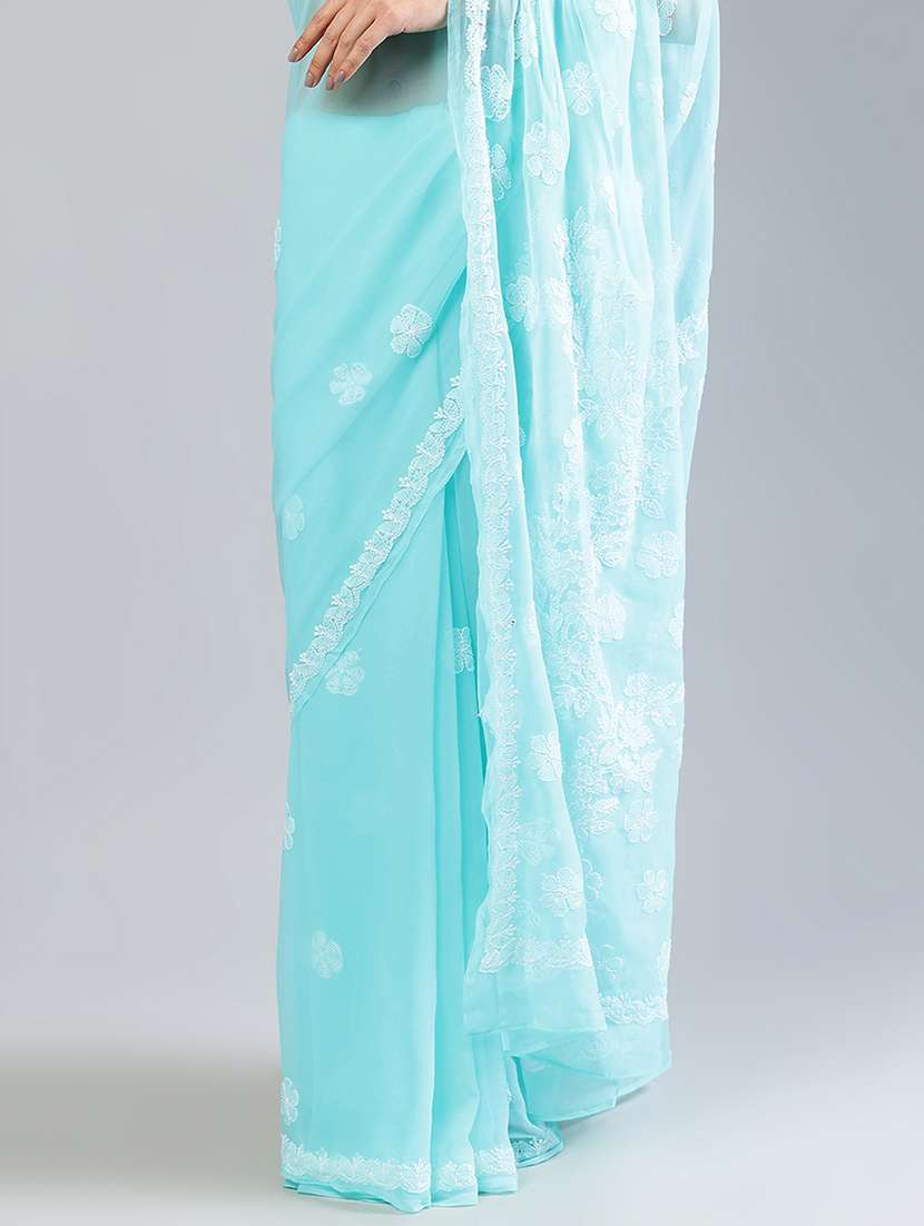 women light blue chikankari work saree with blouse - 21840097 - Standard Image - 5