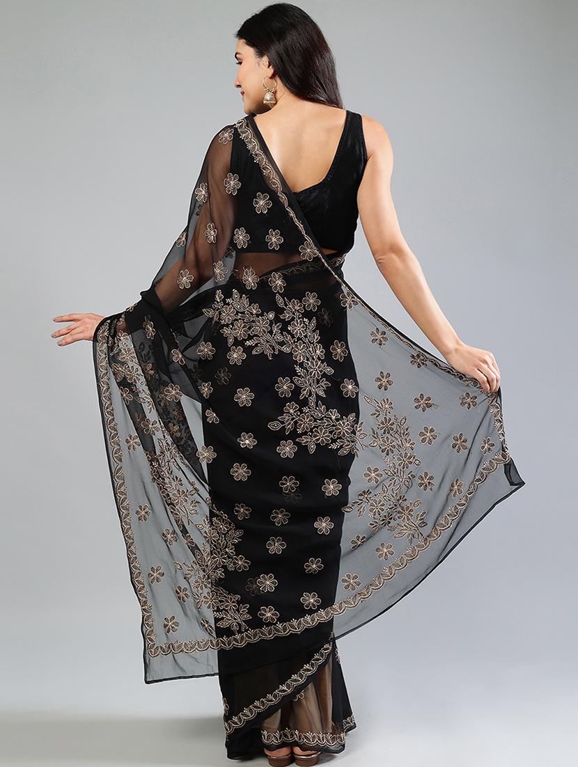 women black chikankari work saree with blouse - 21840098 - Standard Image - 3
