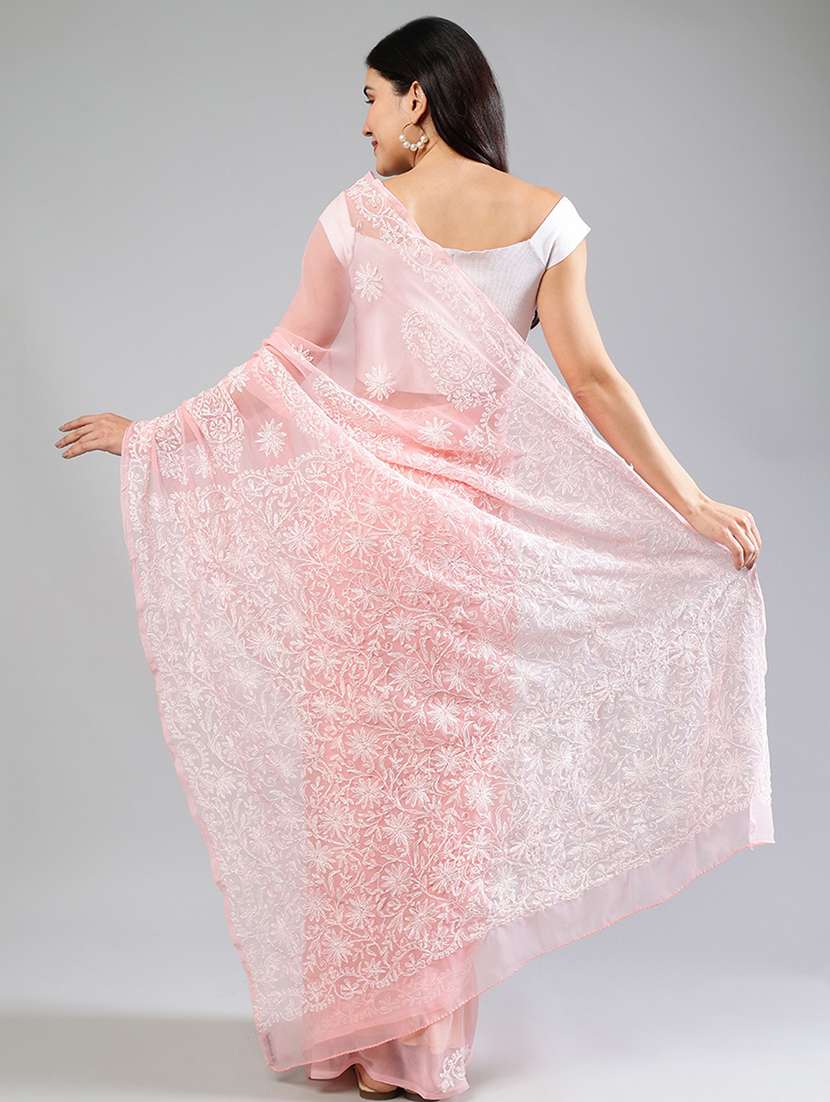 women peach chikankari work saree with blouse - 21840102 - Standard Image - 3