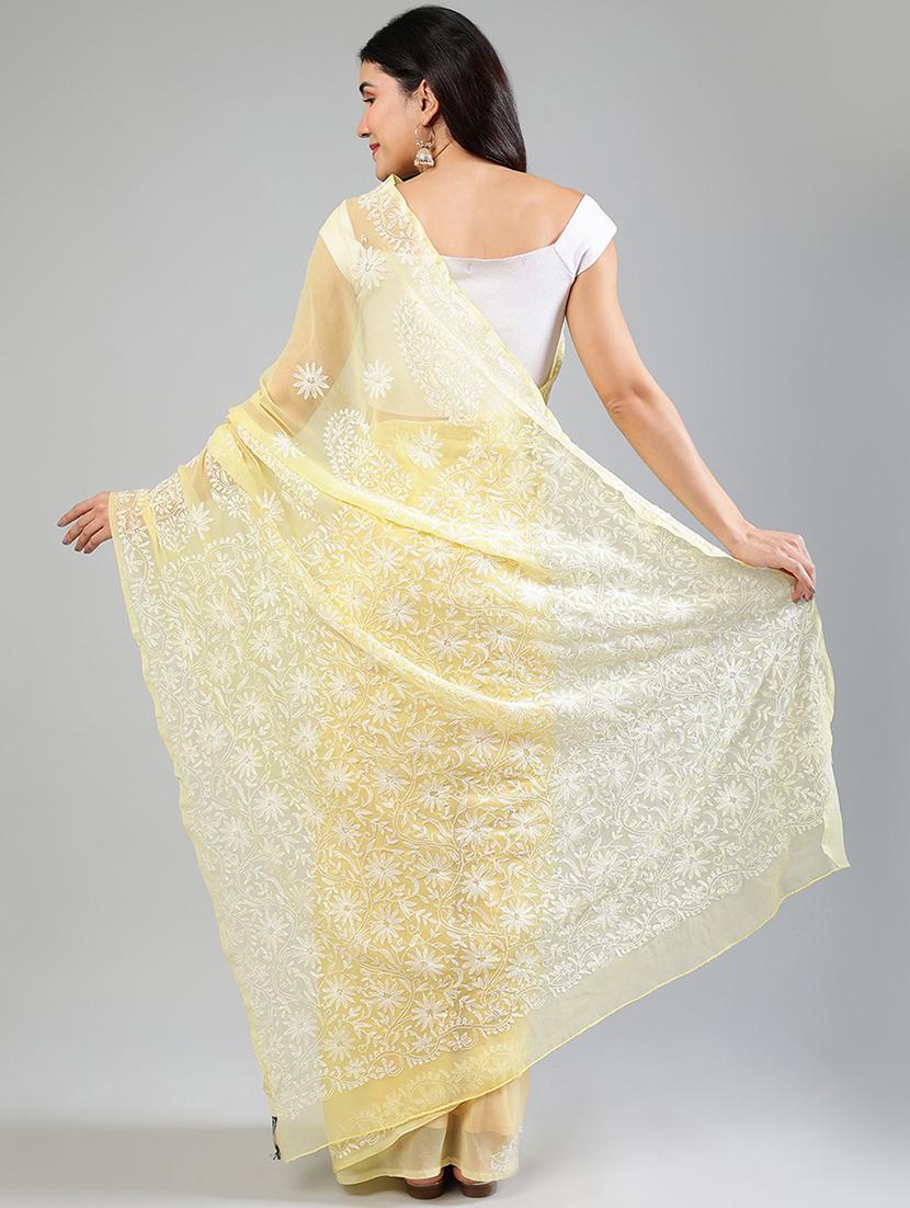 women yellow chikankari work saree with blouse - 21840103 - Standard Image - 3