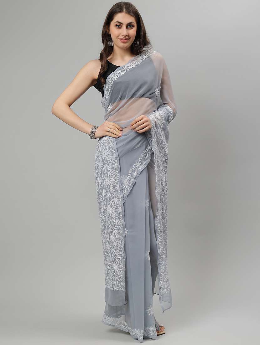 women grey chikankari work saree with blouse - 21840104 - Zoom Image - 0