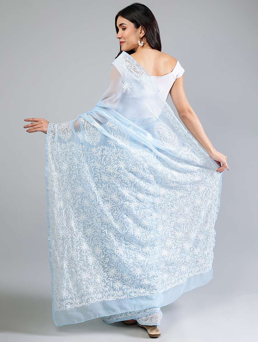 women light blue chikankari work saree with blouse - 21840106 - Standard Image - 3
