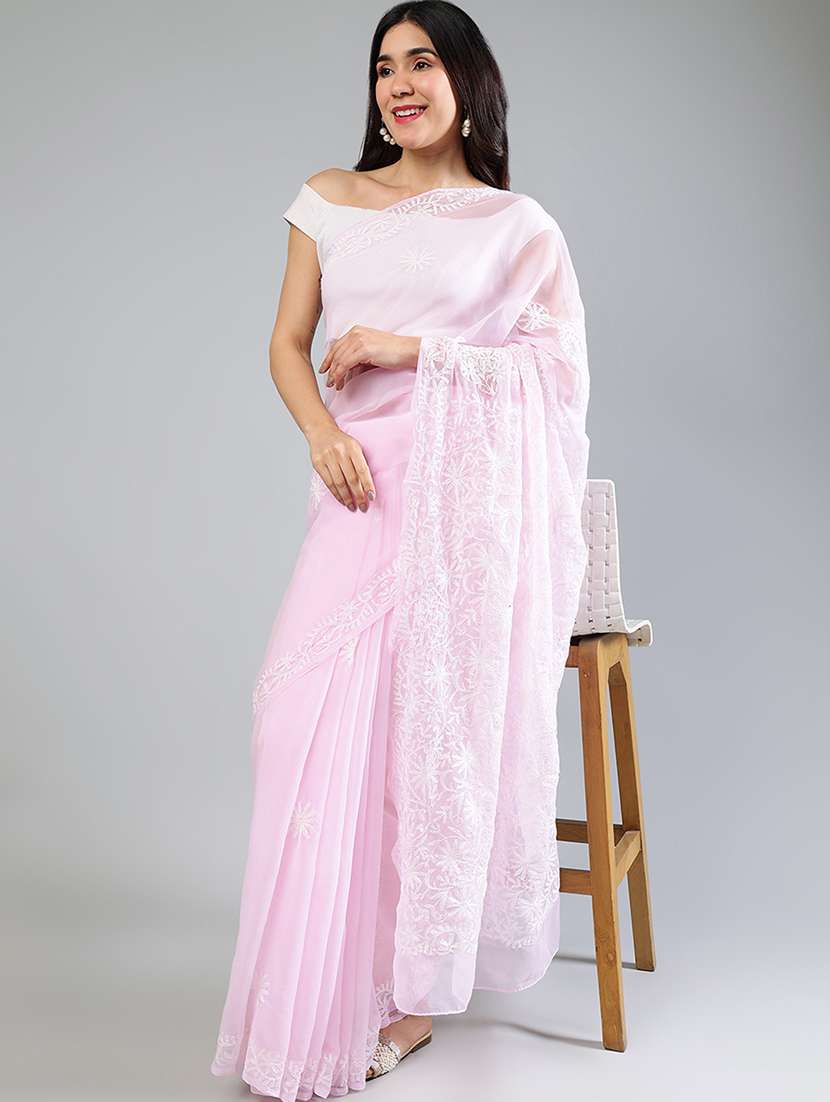 women rosewater chikankari work saree with blouse - 21840107 - Zoom Image - 0