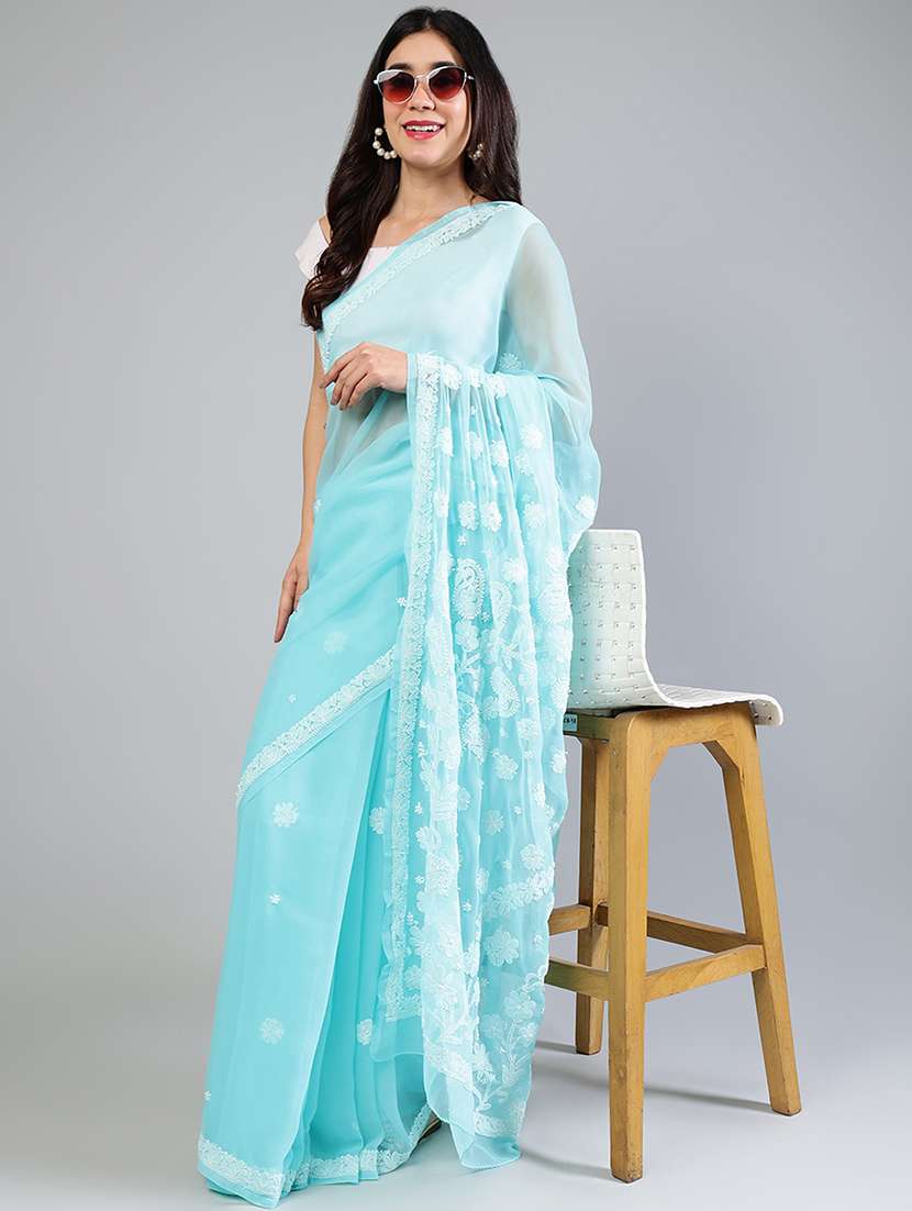 women light blue chikankari work saree with blouse - 21840109 -  Zoom Image - 0