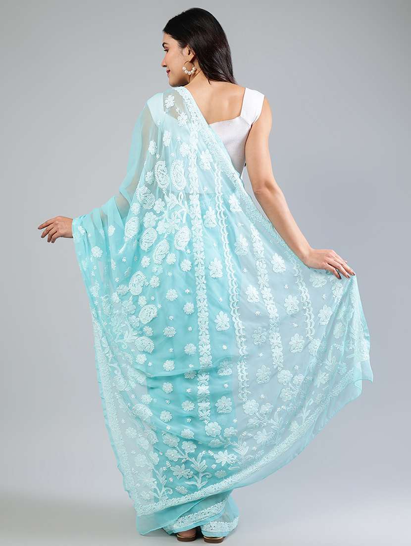 women light blue chikankari work saree with blouse - 21840109 - Standard Image - 3