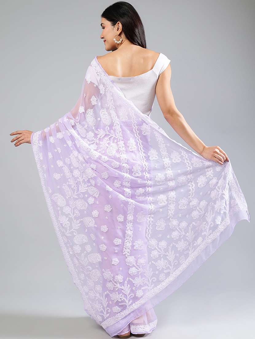 women lavender chikankari work saree with blouse - 21840110 -  Standard Image - 3