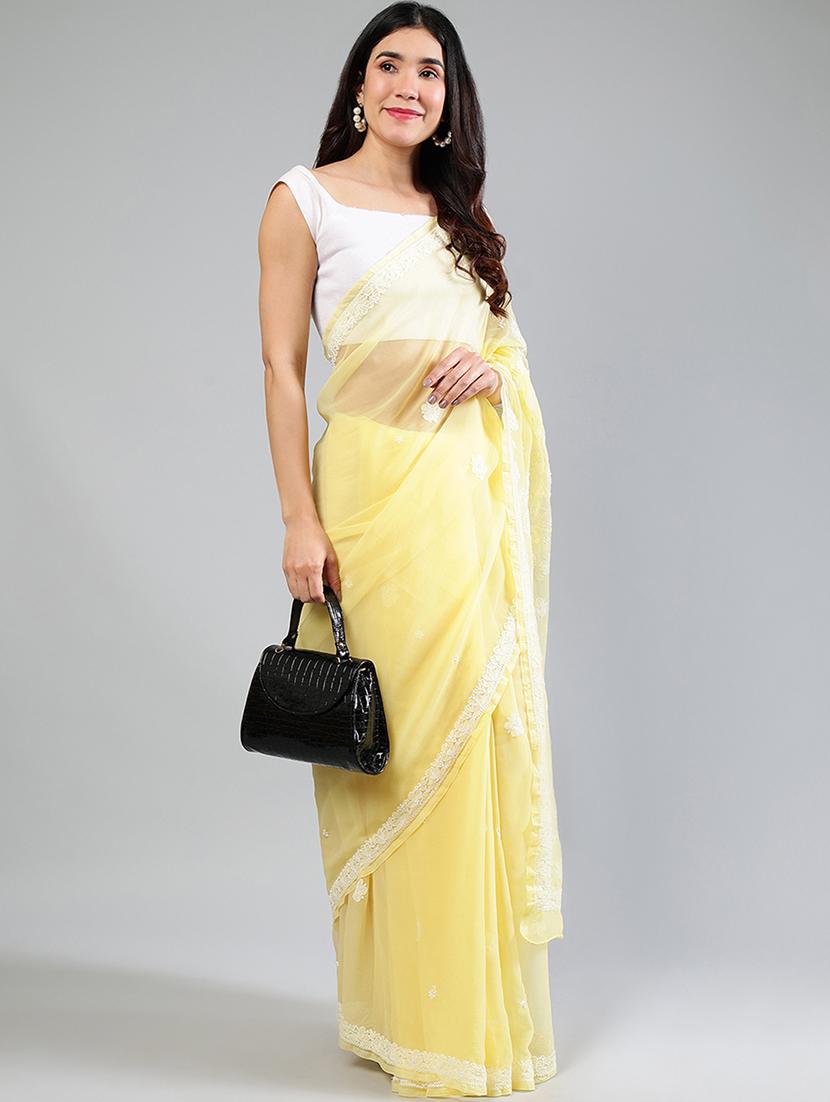 women yellow chikankari work saree with blouse - 21840111 - Zoom Image - 0