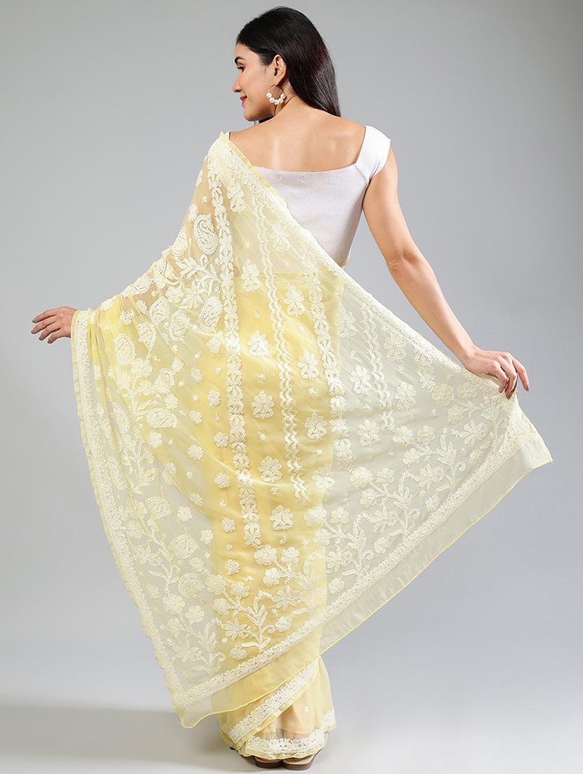 women yellow chikankari work saree with blouse - 21840111 - Standard Image - 3