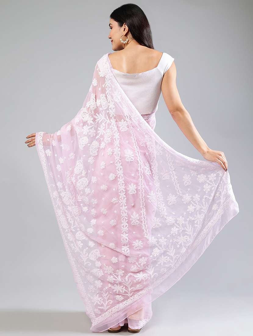 women rosewater chikankari work saree with blouse - 21840112 -  Standard Image - 3