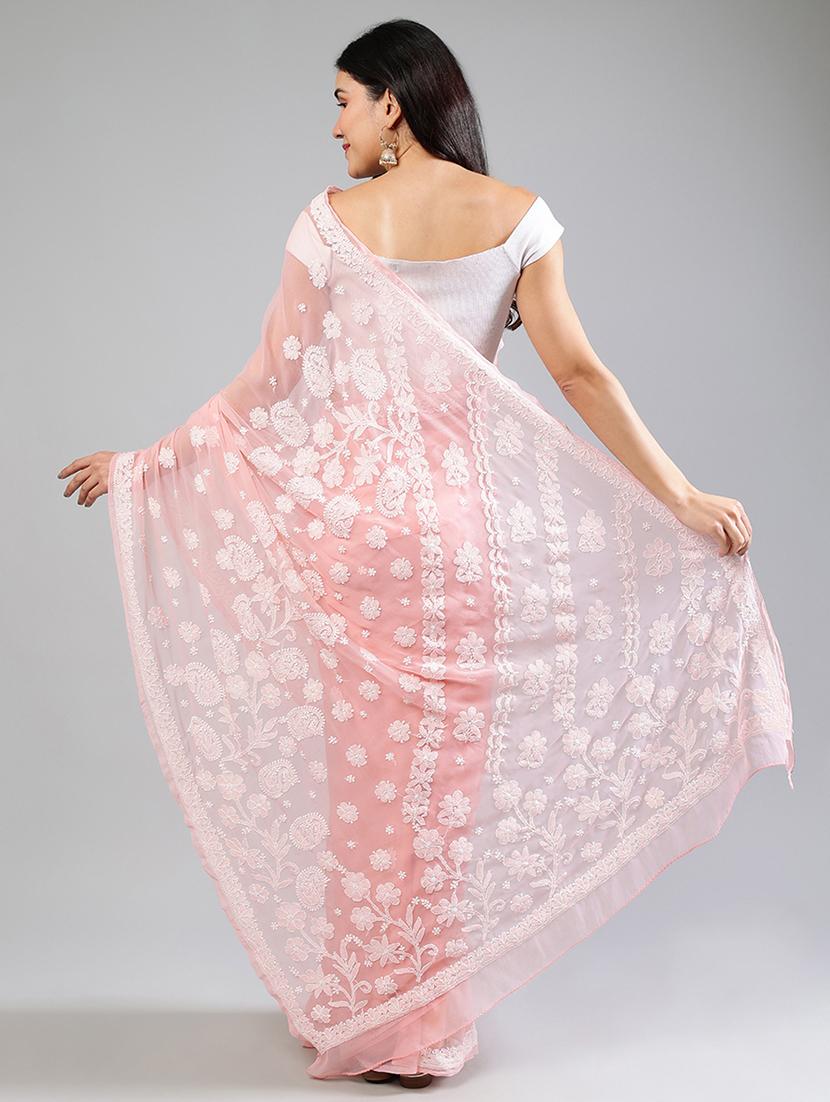 women peach chikankari work saree with blouse - 21840113 - Standard Image - 3