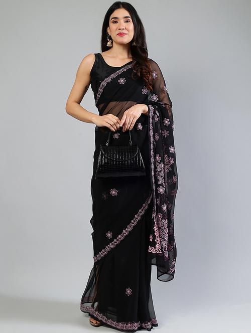 women black chikankari work saree with blouse - 21840116 -  Standard Image - 0