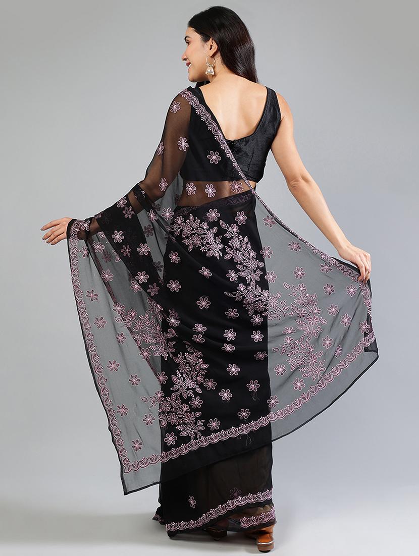 women black chikankari work saree with blouse - 21840116 - Standard Image - 3