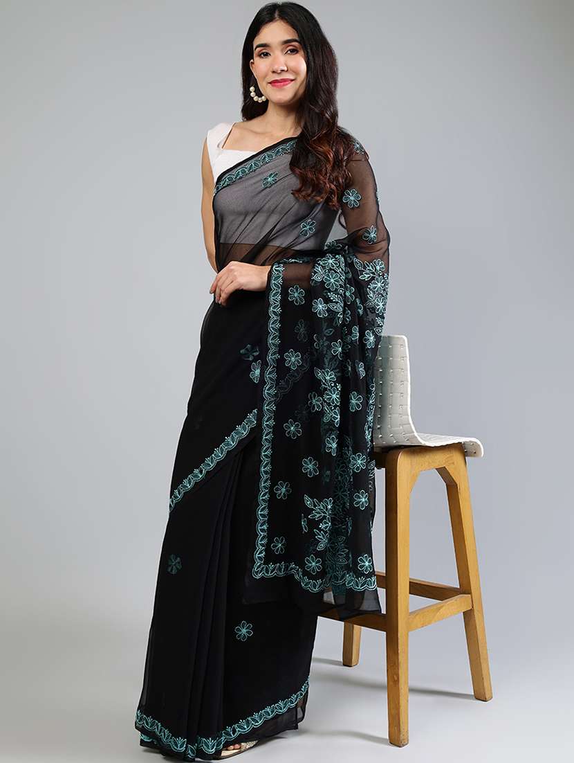 women black chikankari work saree with blouse