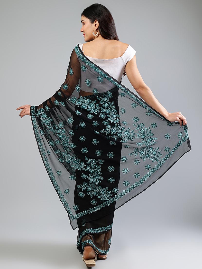 women black chikankari work saree with blouse - 21840117 - Standard Image - 3