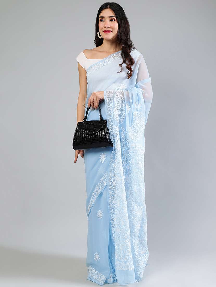 women light blue chikankari work saree with blouse - 21840120 - Zoom Image - 0