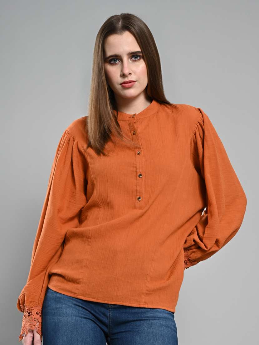 women solid puff sleeves regular top