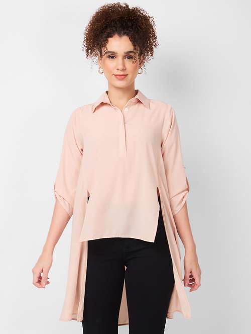 women solid roll-up sleeves high low  top - 21840192 -  Standard Image - 0
