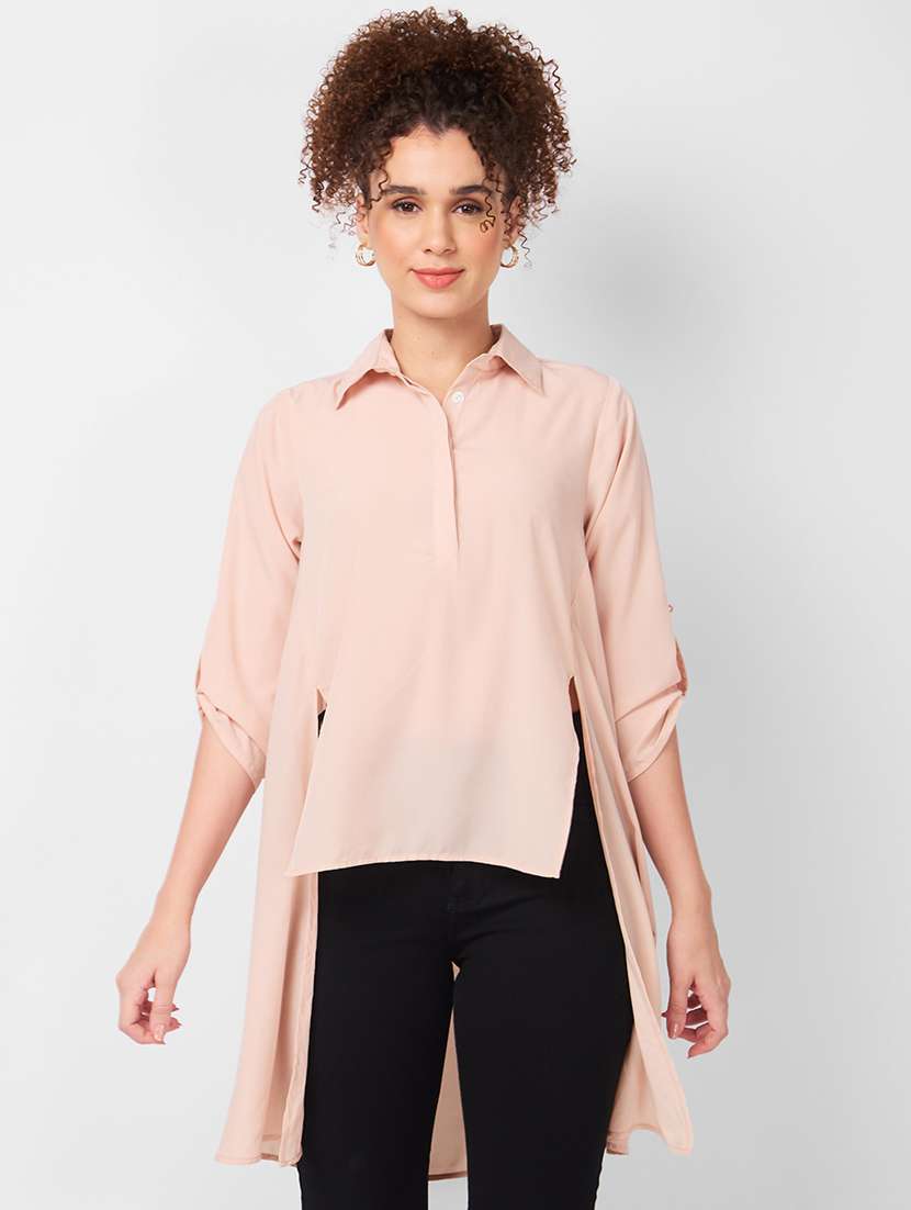 women solid roll-up sleeves high low  top - 21840192 -  Zoom Image - 0