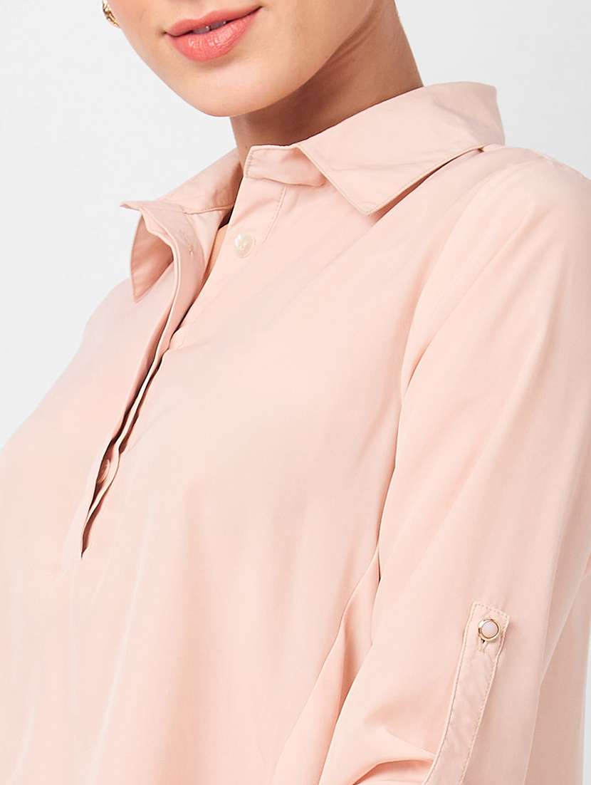 women solid roll-up sleeves high low top - 21840192 - Standard Image - 3