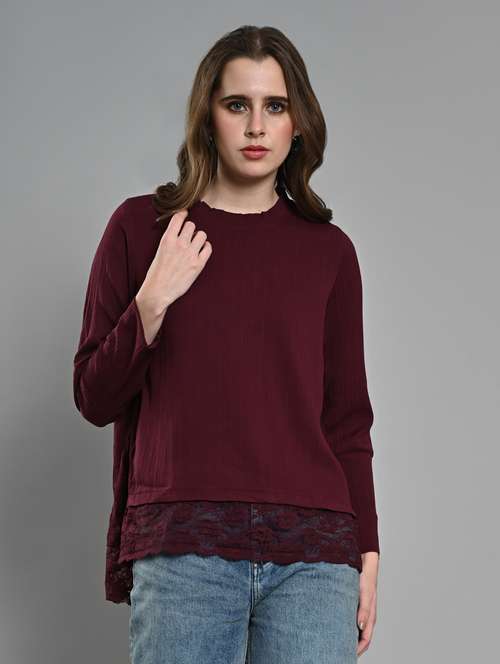 women laec detailed long sleeves high low top - 21840218 -  Standard Image - 0