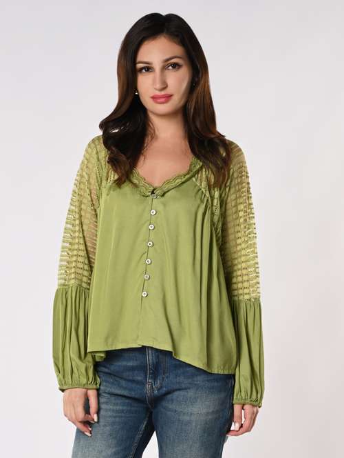 women lace detailed puff sleeves regular top - 21840220 -  Standard Image - 0