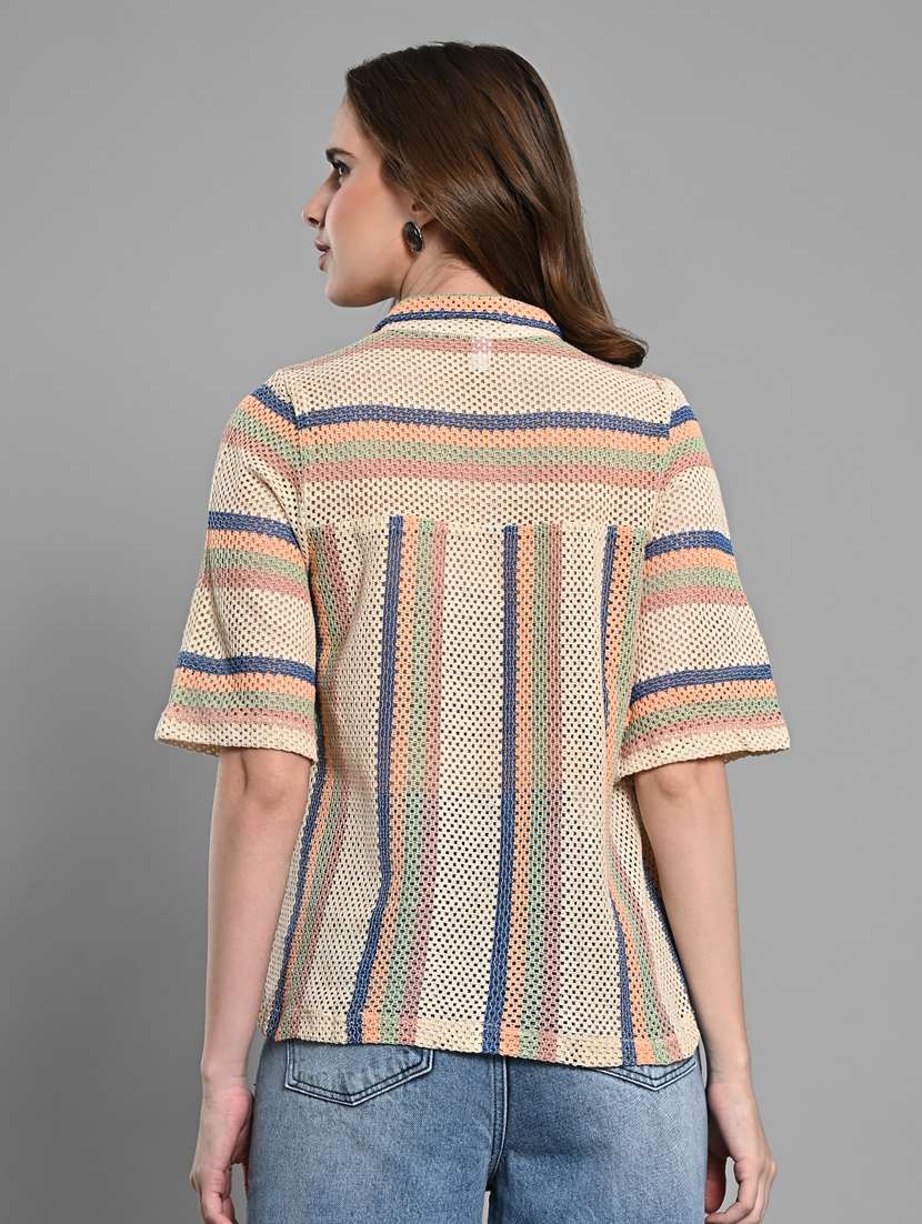 women striped collared short sleeves regular top - 21840223 - Standard Image - 3