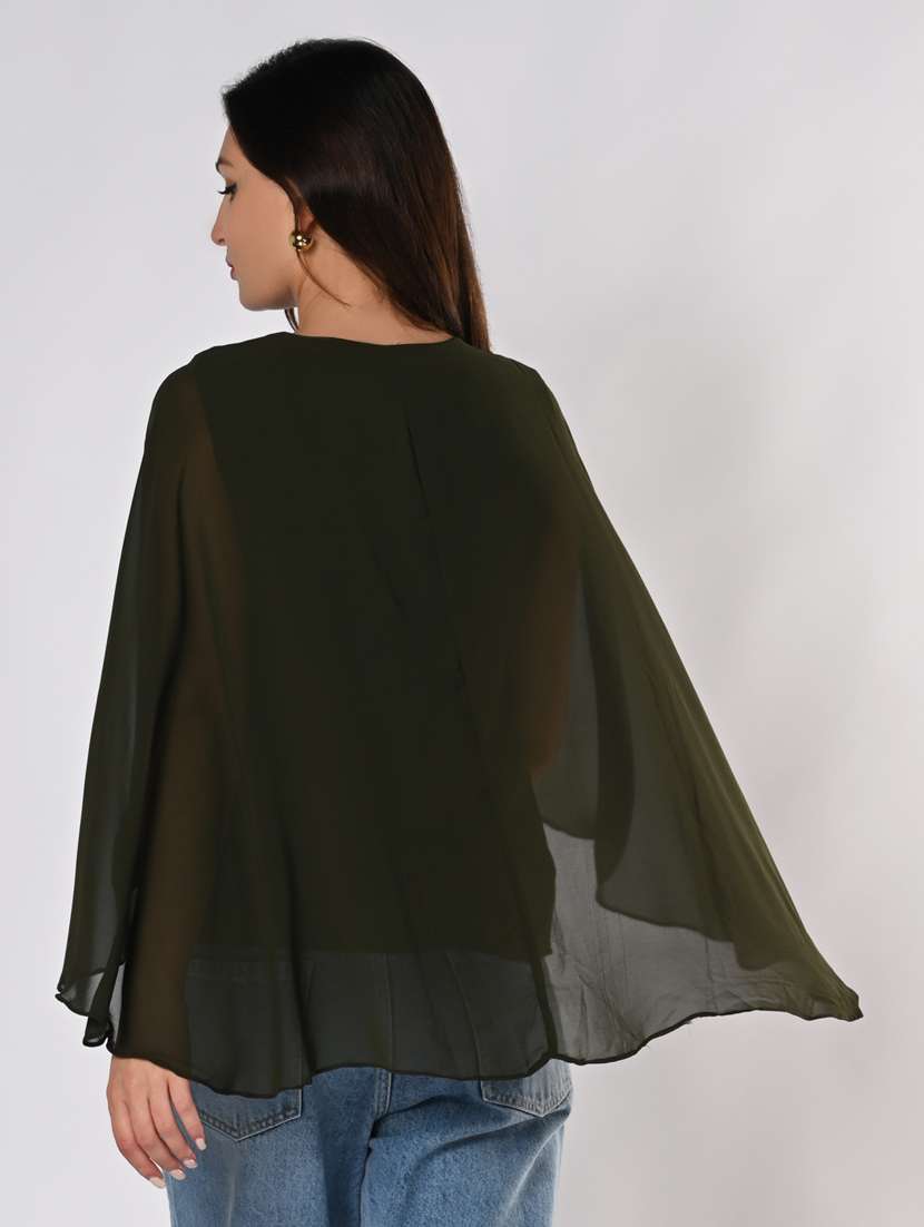 women solid cape sleeves front zipper top - 21840241 -  Standard Image - 3