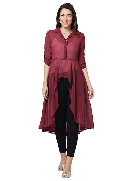 women solid collared roll up sleeves high-low top