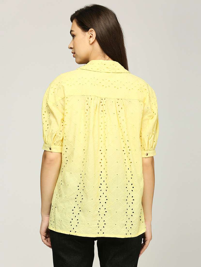women puff sleeves collared schiffli high low top - 21840271 -  Standard Image - 3